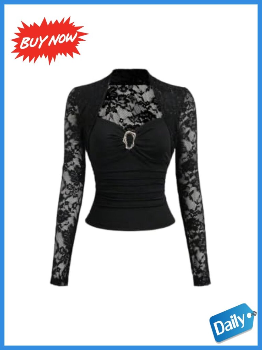 SweetyRocks Floral Lace Buckle Ruched Long Sleeve Fitted T Shirt